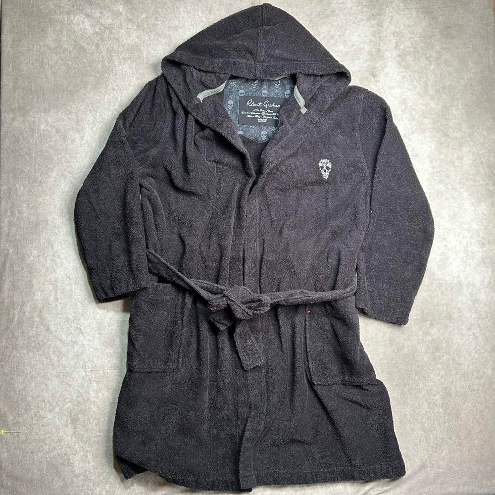 Robert Graham Mens Black Cotton Terry Hooded Bathrobe Skull Embroidered S/M